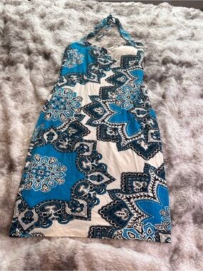 Cache Blue and White Halter-Style Printed Mini Dress